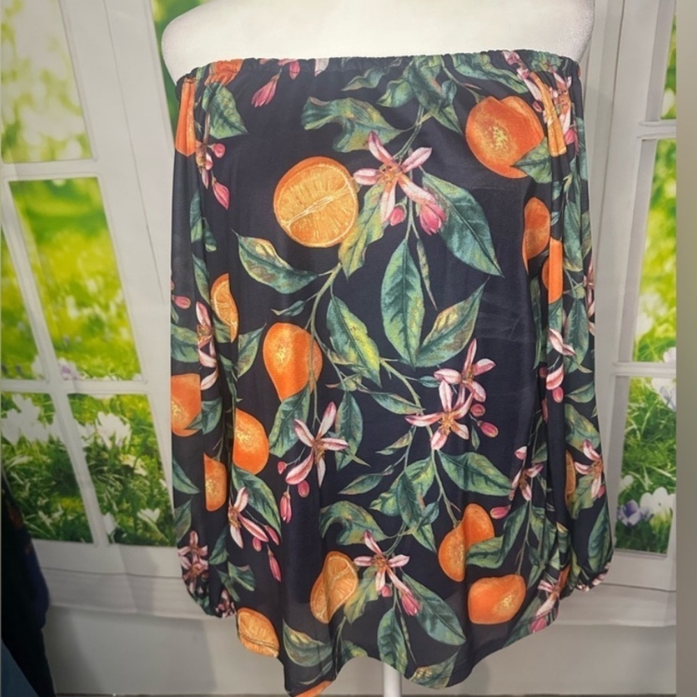 G by Giuliana Orange Citrus Floral Black Off Shoulder Mesh Blouse Long Sleeve XS - Picture 2 of 4